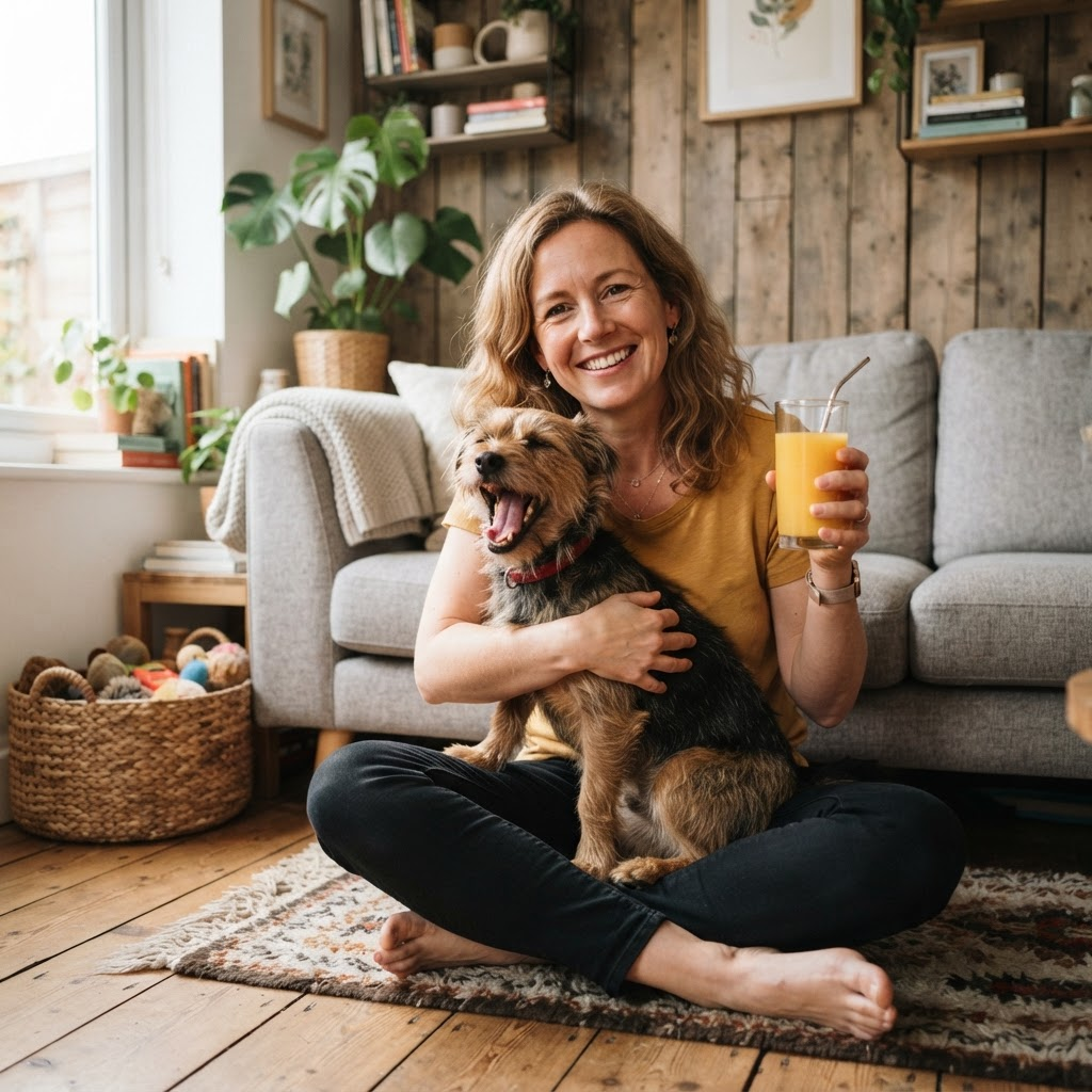 A smiling Kansas City woman in a yellow shirt hugging her happy dog and holding a glass of fresh orange juice in a cozy living room