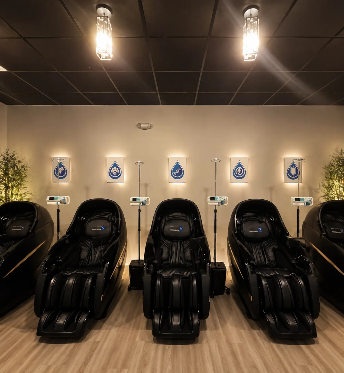 Zero-gravity massage chairs and IV stations inside the Prime IV Hydration & Wellness lounge in Kansas City, MO