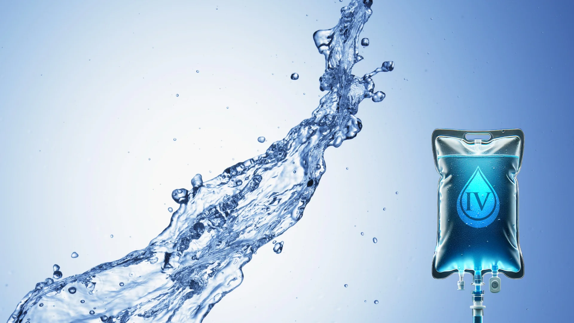 A Prime IV fluid bag beside a splash of crystal-clear water on a blue background